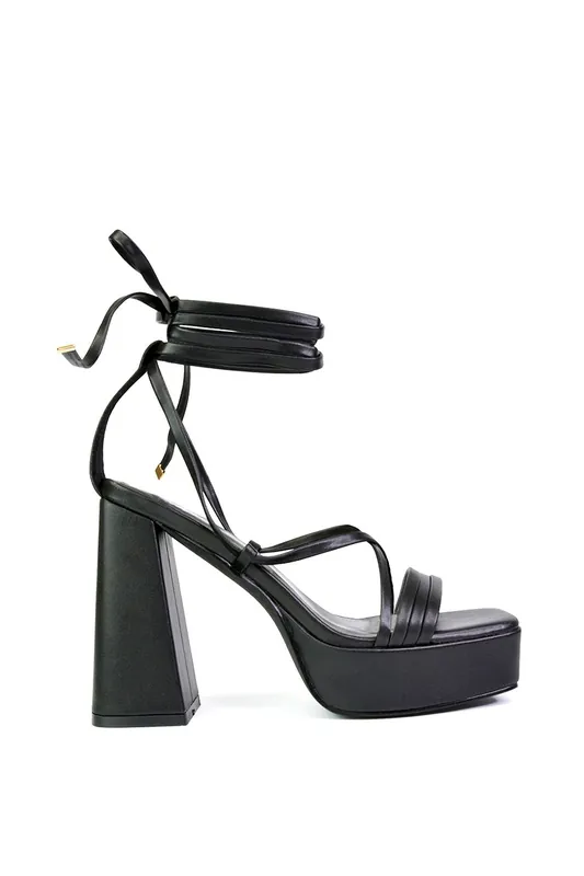 Eden' Square Toe Lace Up Strappy Platform Flared Block High Heels - XY London