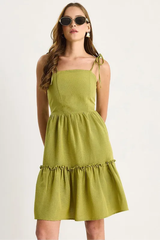 Square Collar A-Form Midi Dress with Binding Detail
