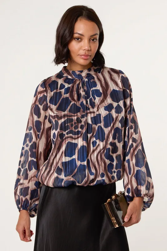 Navy Metallic Stripe Puffball Blouse - Blue Vanilla