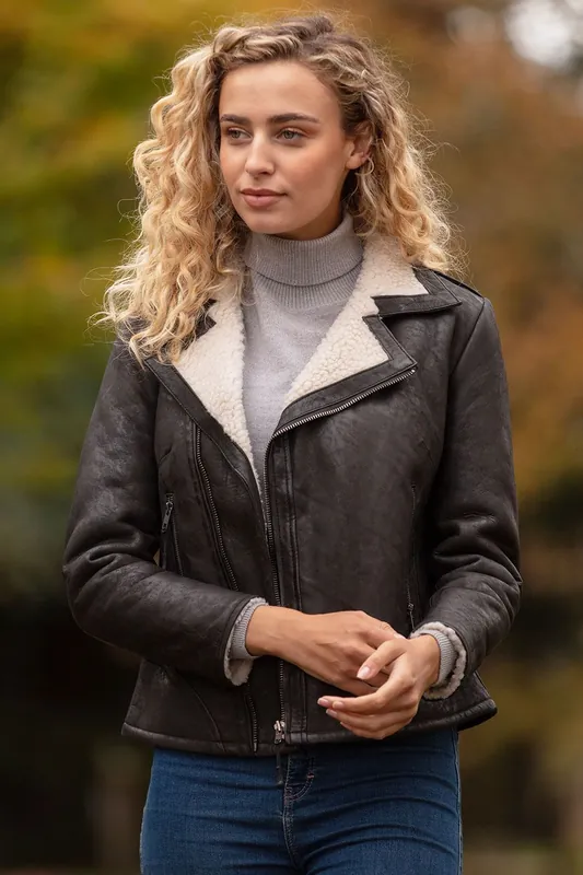 Jan' Real Leather Biker Style Jacket With Faux Fur Lining - Ashwood Leather