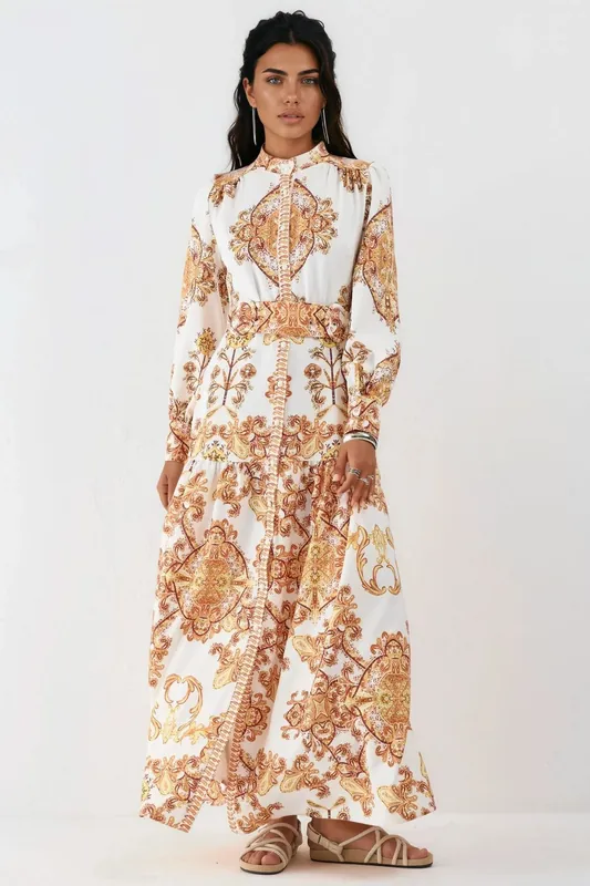 Belted Paisley Print Maxi Shirt Dress - MSN Collection