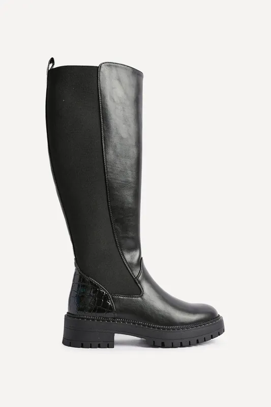 Swift Black Faux Leather & Croc Knee High Boot - Linzi