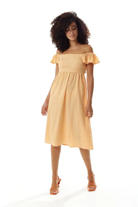 Cut out back Midi Dress in Orange Gingham - Liquorish