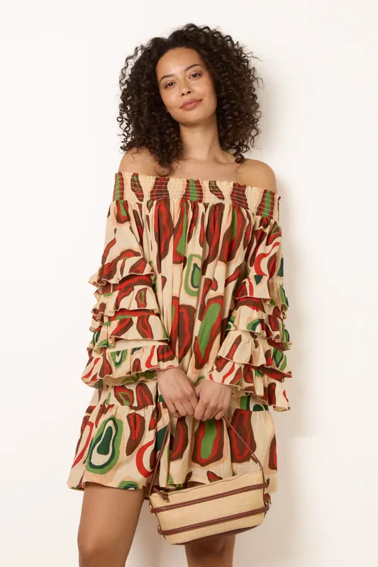 Multi Printed Frill Sleeve Bardot Off Shoulder Tunic Dress - Blue Vanilla