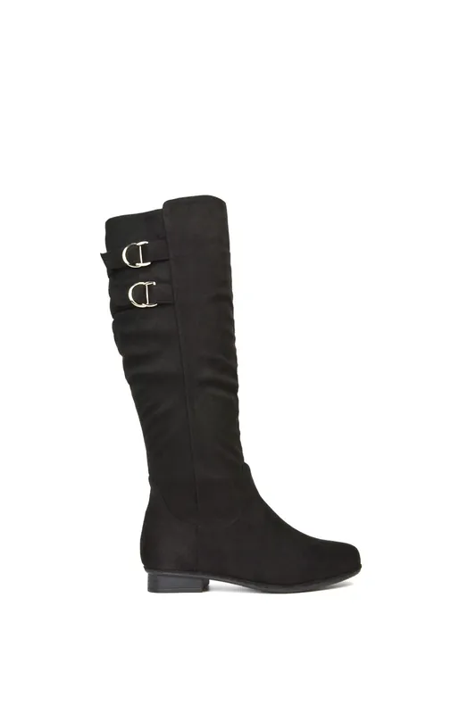 Mia' Slouchy Flat Heel Knee High Boots With Buckle Detail - XY London