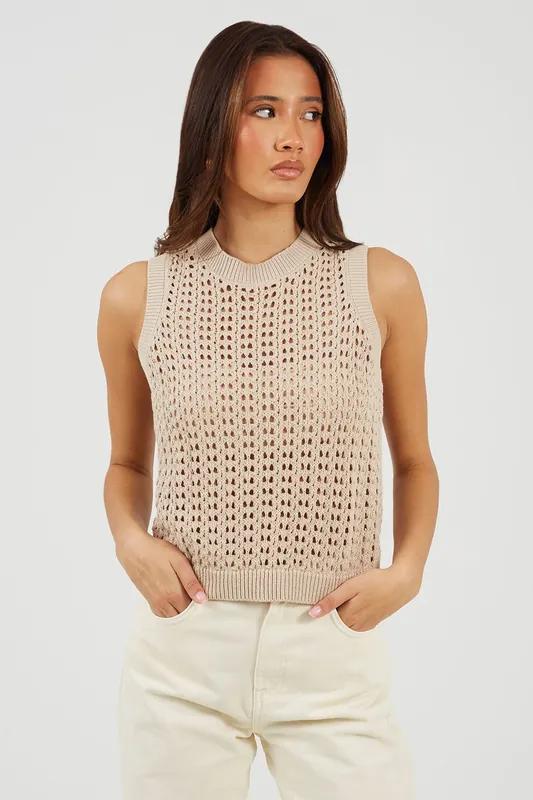 Crew Neck Open Stitch Knitted Vest - Brave Soul