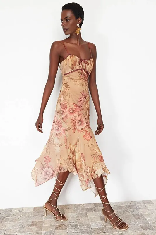 Floral Print Ruffle Hem A-Line Midi Dress with Adjustable Straps