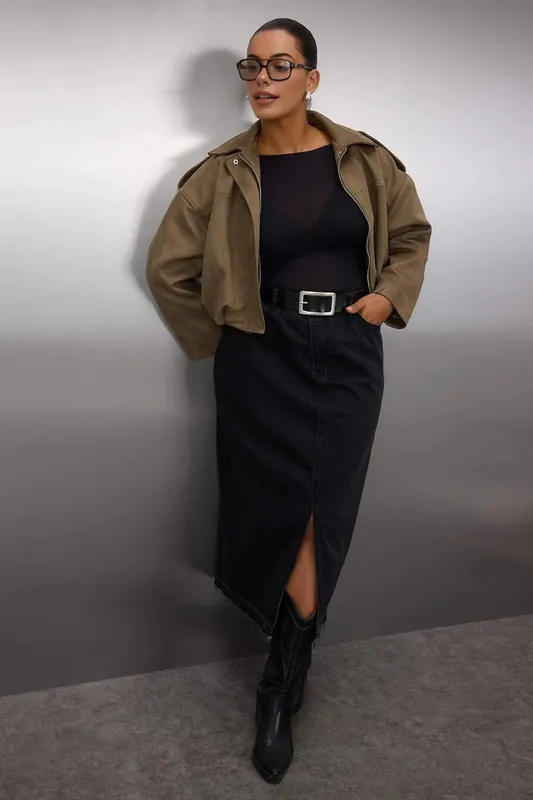 High Waist Denim Midi Skirt with Front Slit and Slim Fit - WOVCOR