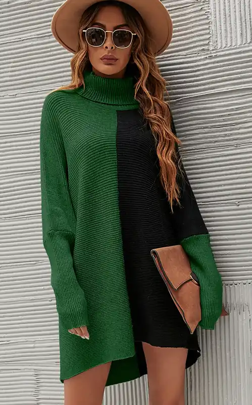 High Neck Half Forest Green & Black Block Colour Jumper Top - FS Collection