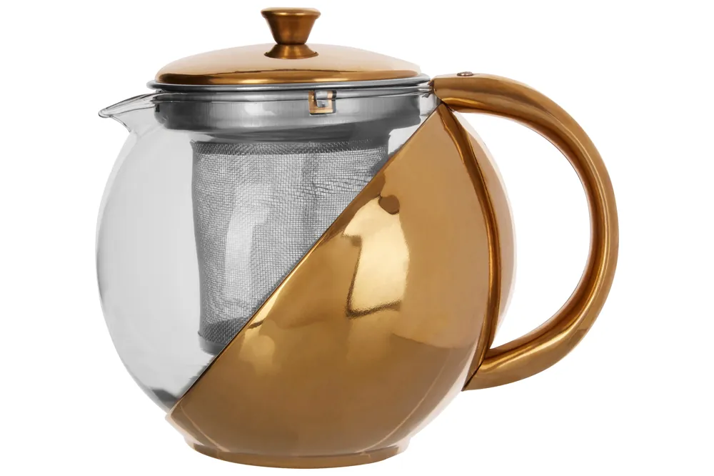 Durable Gold Finish Glass 600Ml Teapot With Infuser, Durable Tea Pot For Dining Table, Practical Tea Pot - Orsina