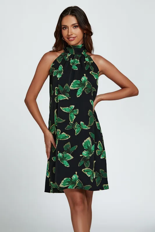 Butterfly Print Halter Neck Tie Back Mini Dress In Green - FS Collection