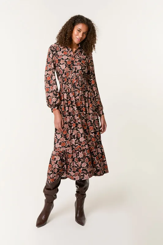 Black Floral Printed Shirred Waist Midi Shirt Dress - Blue Vanilla