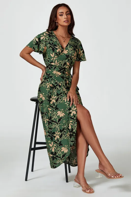 Abstract Floral Wrap Maxi Dress In Olive - FS Collection