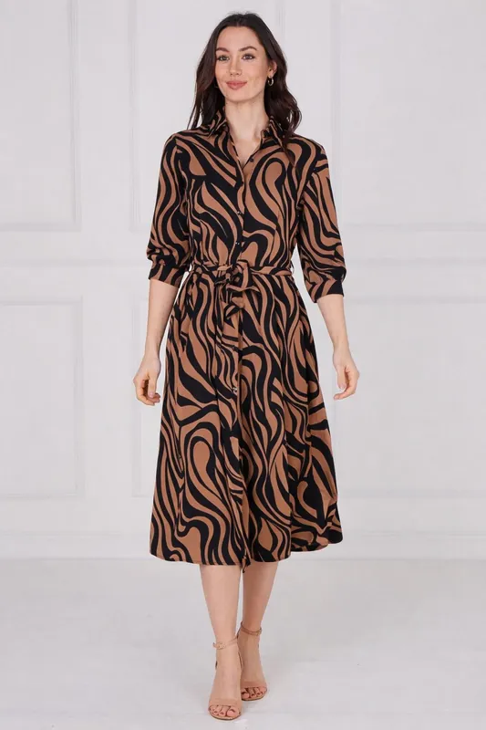 Tan Swirl Print Half Sleeve Midi Shirt Dress - Love Sunshine