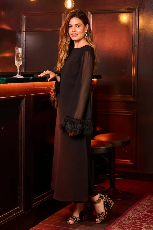 Black Feathered Trim Midaxi Dress - Needs No Label