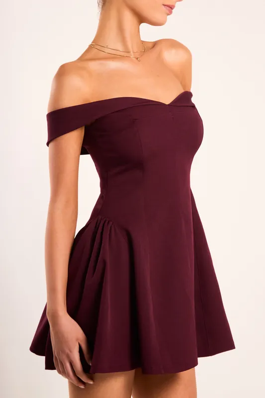 Lady Burgundy Bardot A Line Mini Dress - Jaded Rose