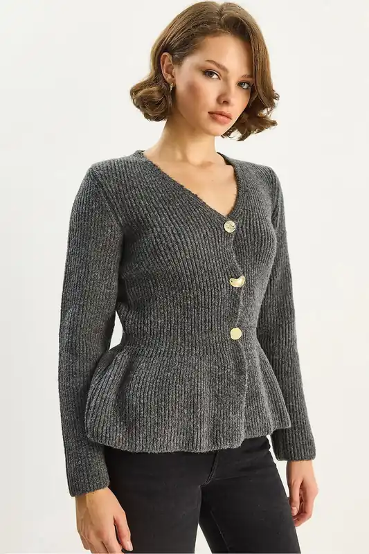 Ribbed Long Sleeve V-Neck Cardigan with Buttons