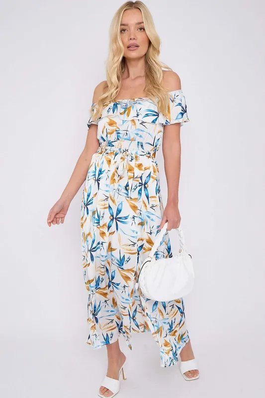 Blue Mustard Floral Print Bardot Maxi Dress - Love Sunshine