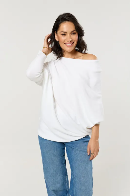 White Off Shoulder Batwing Knit Jumper - Liquorish