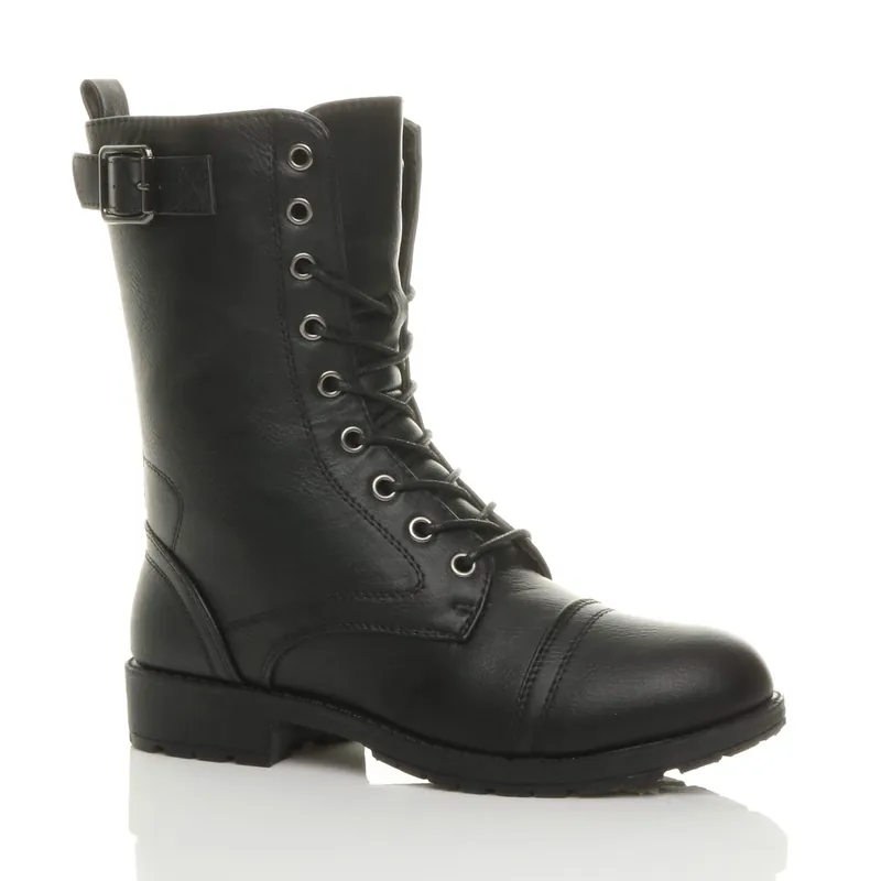 Lace Up Buckles Military Biker Ankle Boots - AJVANI