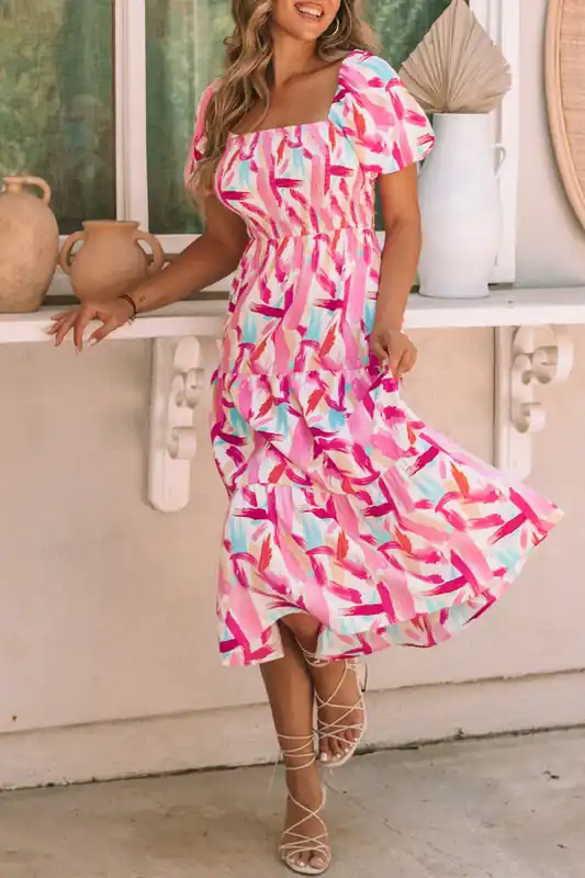 Pink Brush Stroke Printed Smocked Ruffle Tiered Dress - Everyday The Label