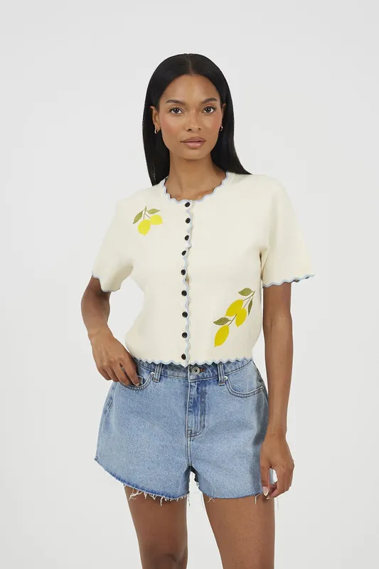 Short Sleeve Cardigan With Lemon Embroidery - Brave Soul