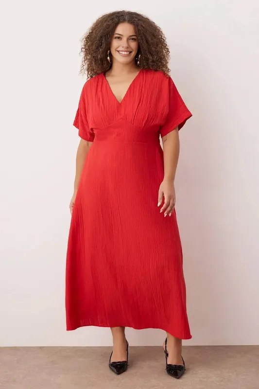 V-Neck Crinkle Texture Maxi Dress with Short Sleeves