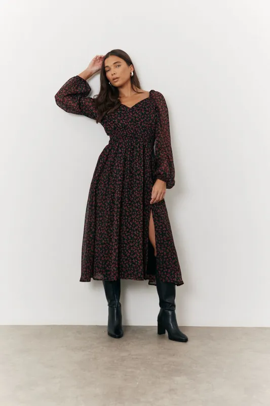 Black Floral Print Chiffon Milkmaid Midi Dress - In The Style