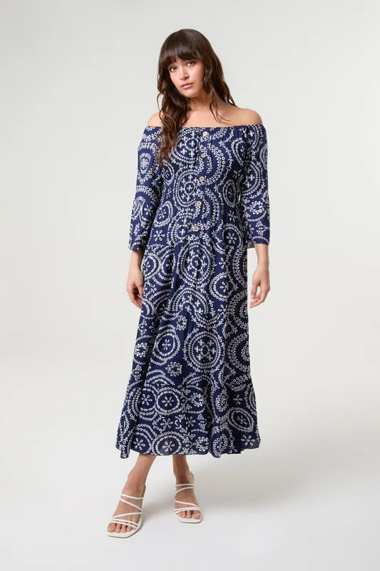 Navy Bardot Coconut Button Maxi Dress - Blue Vanilla