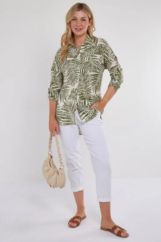 Green Palm Leaf Print Long Sleeve Shirt - Love Sunshine