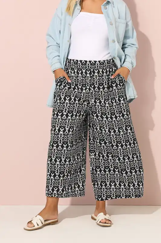 Abstract Print Textured Wide Leg Trousers - Yours