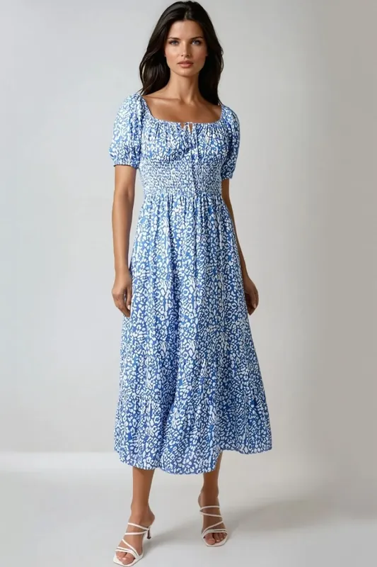 Blue Animal Print Shirred Midi Dress - Aftershock London