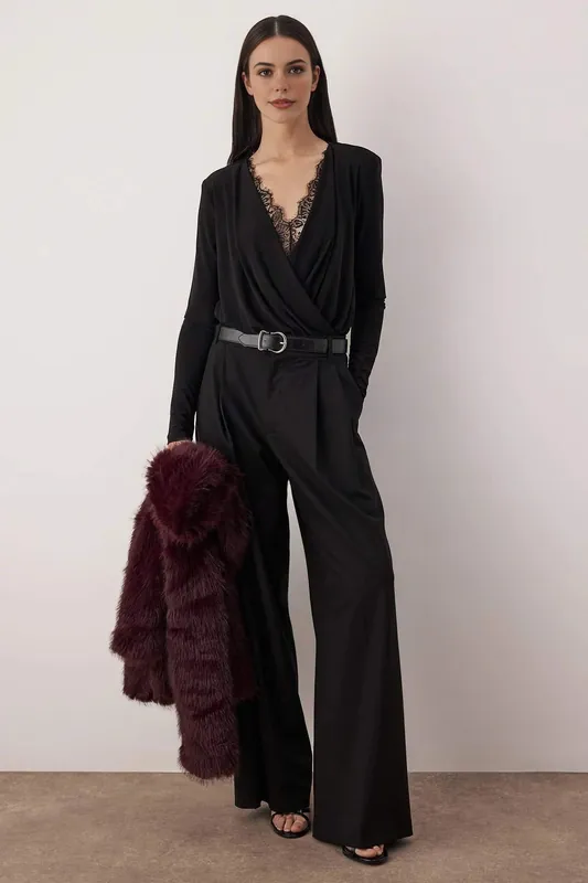 Lace Trim Wrap Front Long Sleeve Bodysuit - WOVCOR