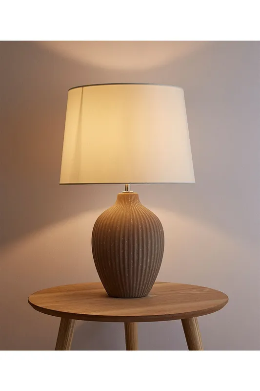 Ceramic Table Lamp with a Brown Textured Base and a Cream Tapered Lamp Shade to Match - K LIVING