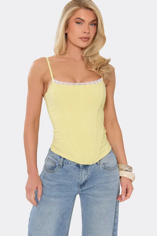 Strappy Straight Neck Lace Trim Corset Top - EGO