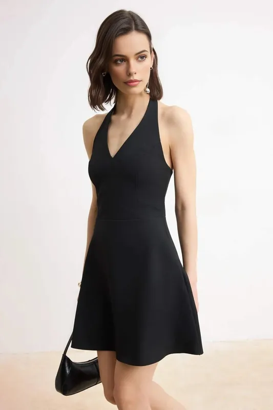 Halterneck V Neck Fit and Flare Mini Dress - WOVCOR