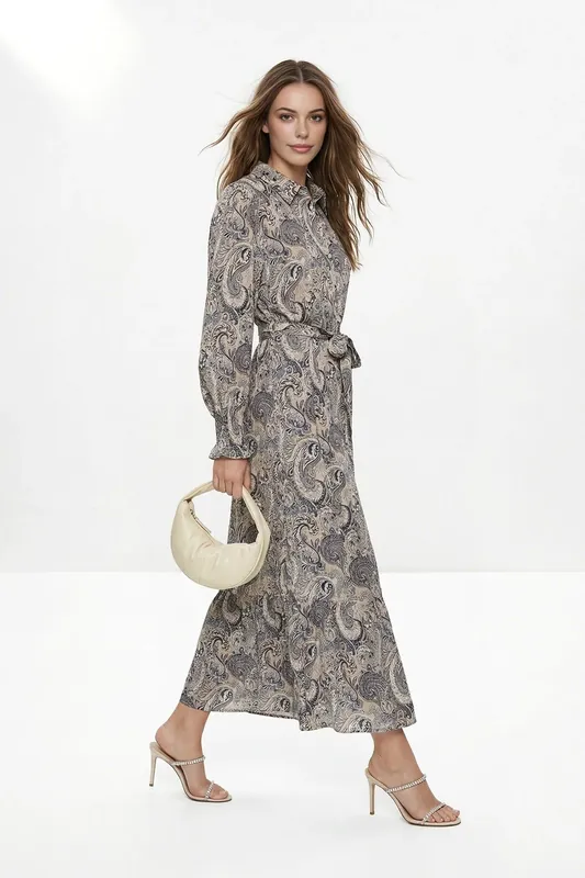 Patterned Belted Long Sleeve Maxi Shirt Dress with Tiered Hem Detail - WOVCOR
