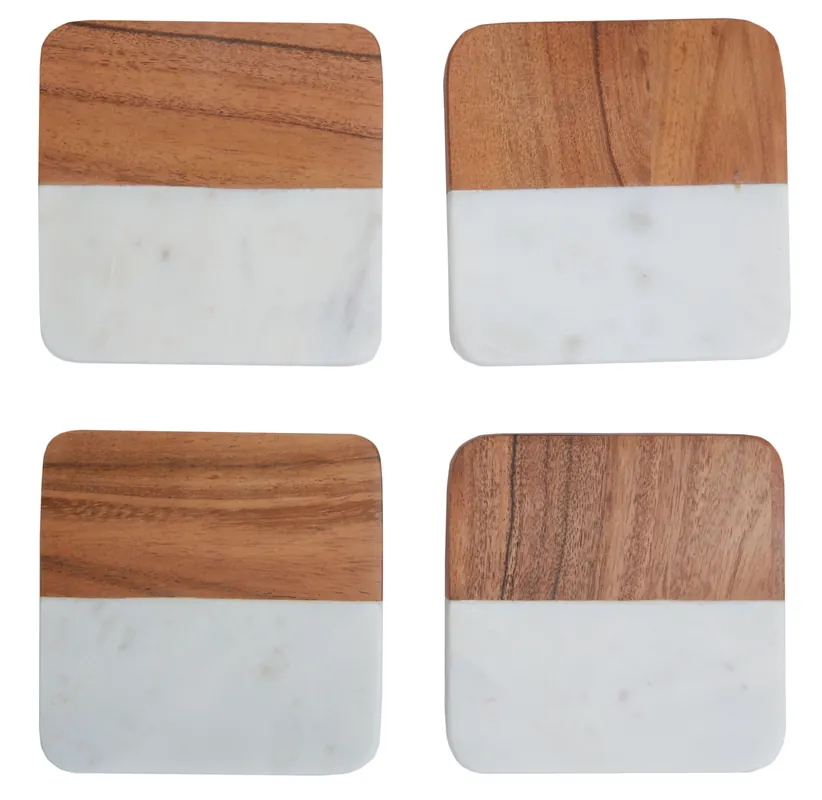 Set Of Four Marble And Acacia Wood Coasters, Durable Natural Stone And Wood Coasters - Orsina