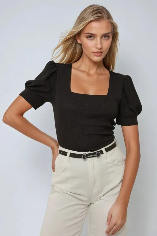 Square Neck Textured Fitted Blouse - Hiccup