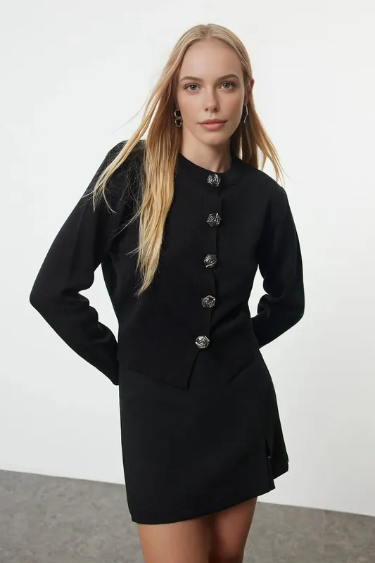 Knit Cardigan With Rose Button Detail - WOVCOR