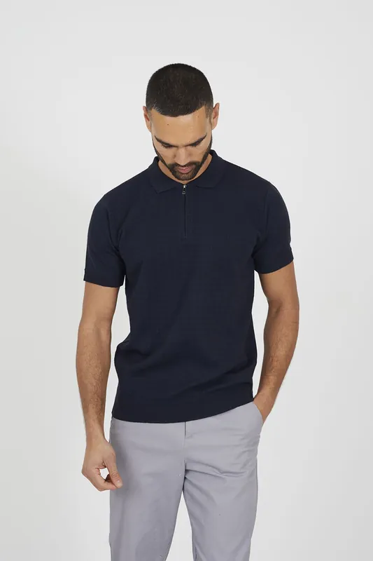 Textured Zip Neck Knitted Polo - Brave Soul