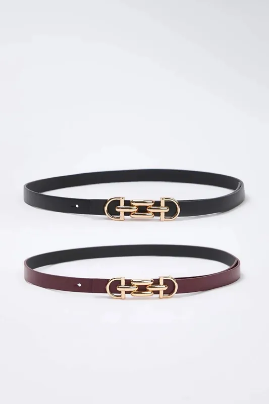 Double Pack Gold Chain Buckle Slim Faux Leather Belt - WOVCOR