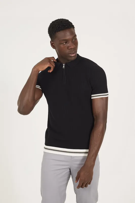 Zip Neck Knitted Polo with Contract Trim - Brave Soul