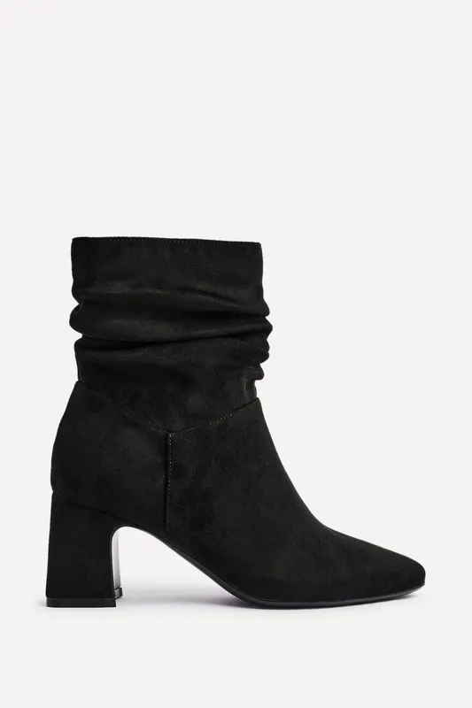 Maven Black Faux Suede Ruched Block Heel Ankle Boot - Linzi