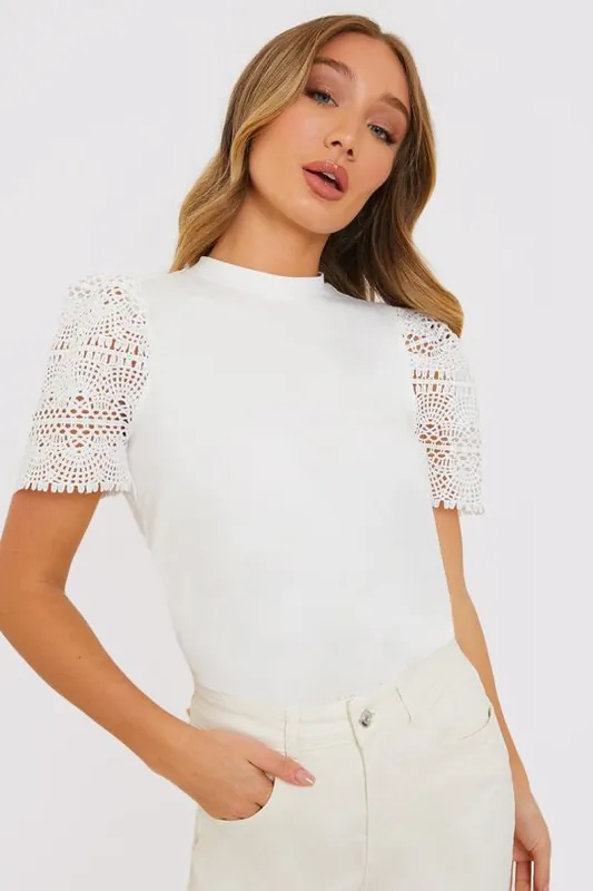 White Crochet Sleeve T-Shirt