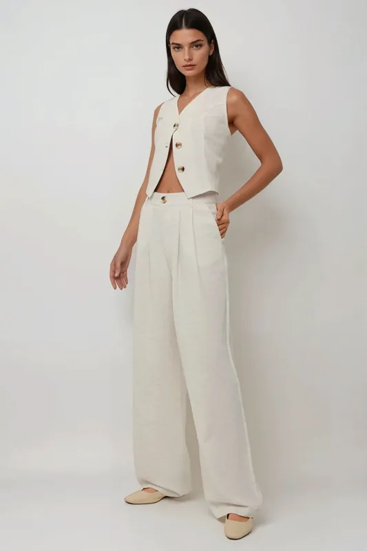 Linen Feel Wide Leg Pleated Pants - Hiccup