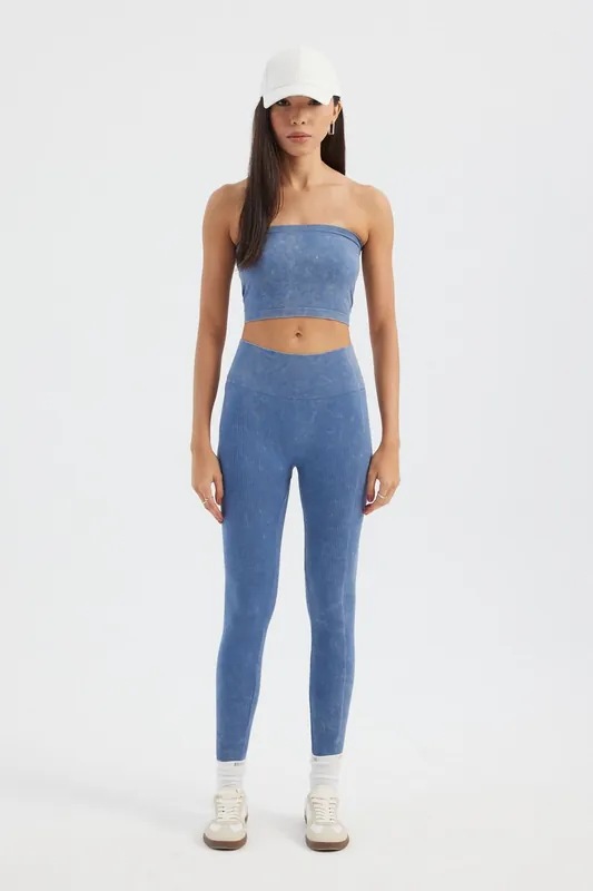 Acid Washed Strapless Ribbed Crop Top - Hiccup