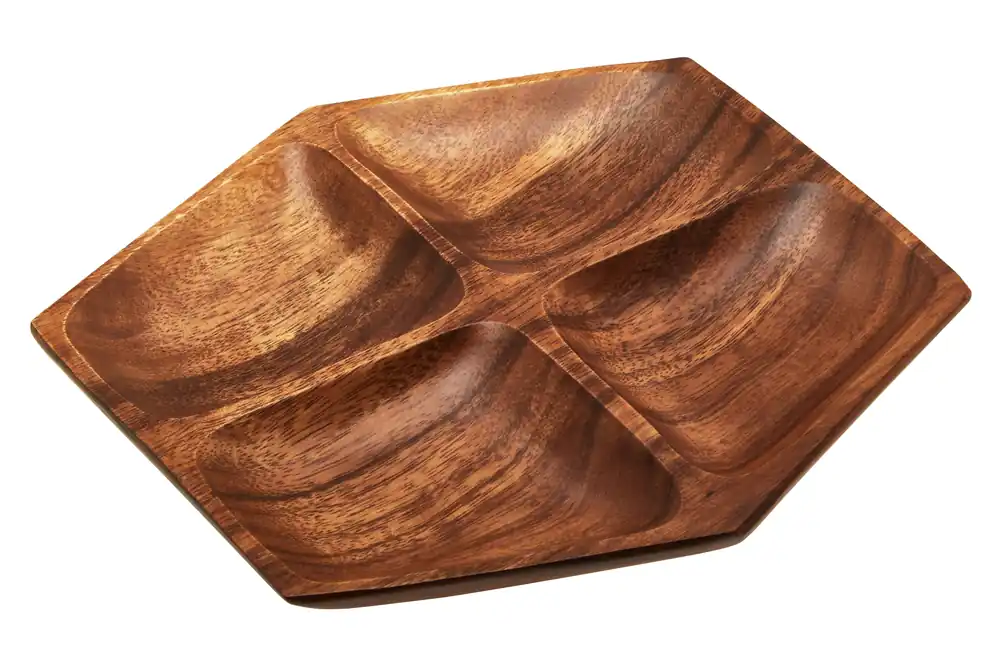 Functional Acacia Large Four Section Serving Dish, Hand Carved Serving Platter, Hexagonal Centrepiece Dish - Orsina