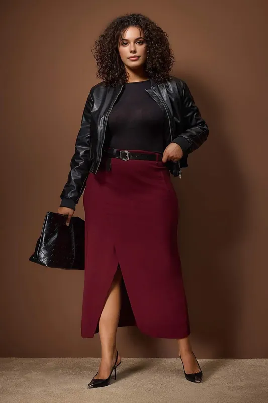 High Waist Split Front Midi Skirt with Tailored Fit - WOVCOR