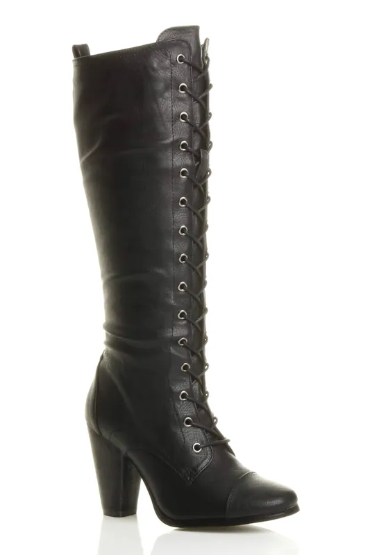 High Heel Lace Up Victorian Style Knee High Boots - AJVANI